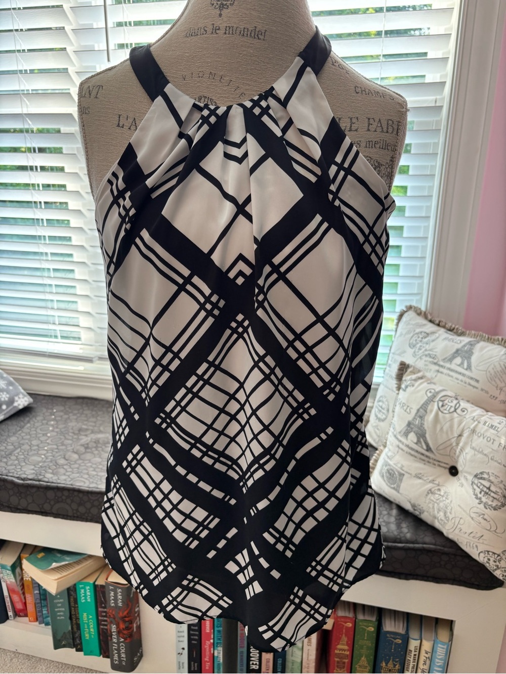 White House Black Market Black and White Plaid Halter Camisole